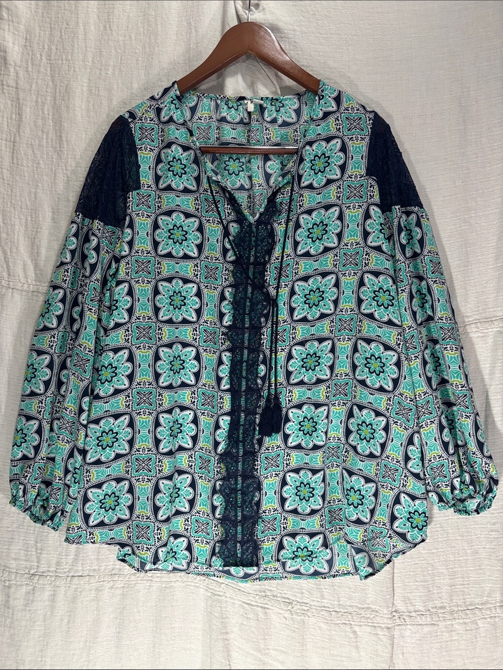 EST 1946 Cato Turquoise Blue Boho Lace Trim Peasant Blouse Plus Size 18/20W FLAW